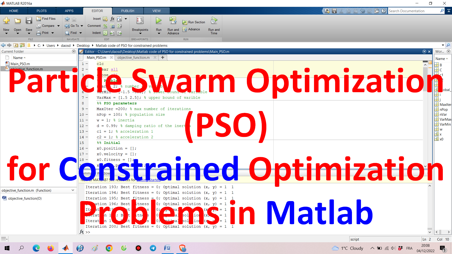 Particle Swarm Optimization (PSO) for Constrained Optimization Problems in Matlab