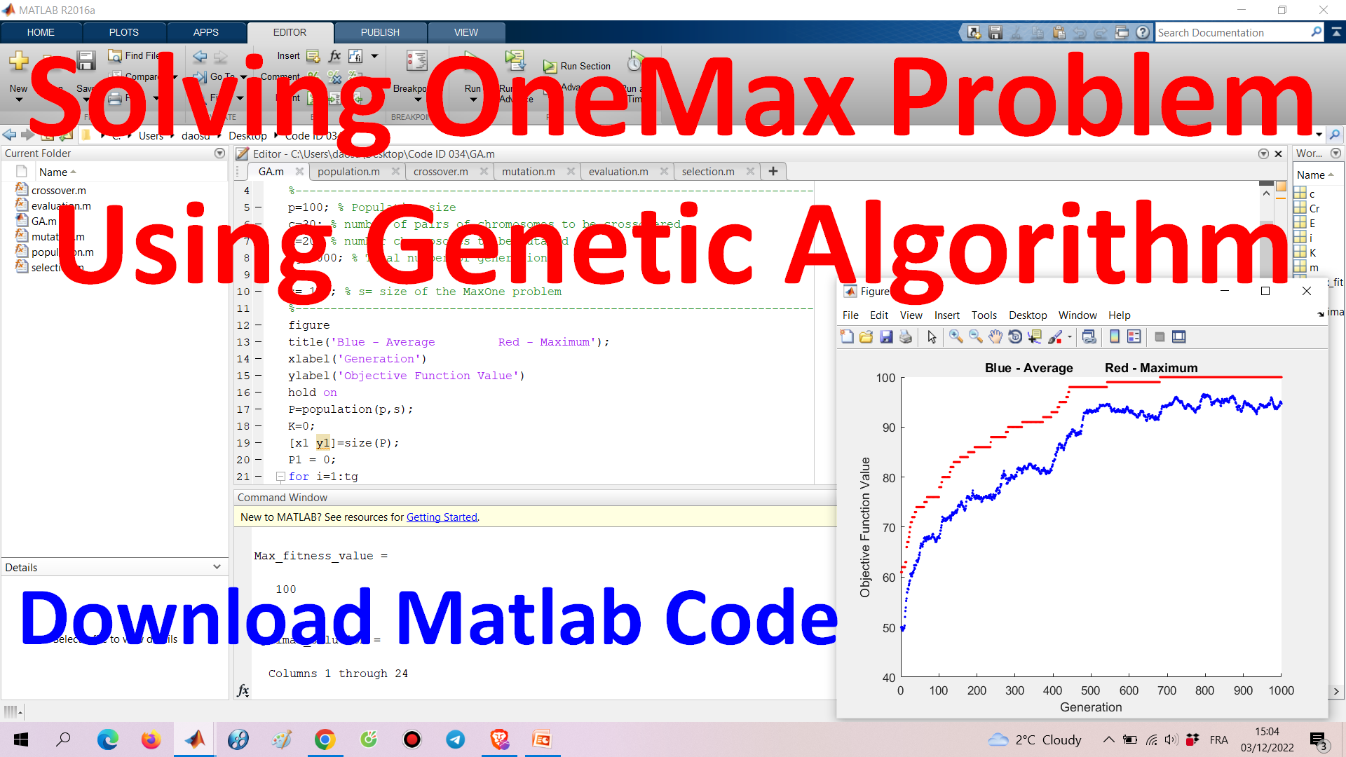 Solving OneMax Problem Using Genetic Algorithm in Matlab